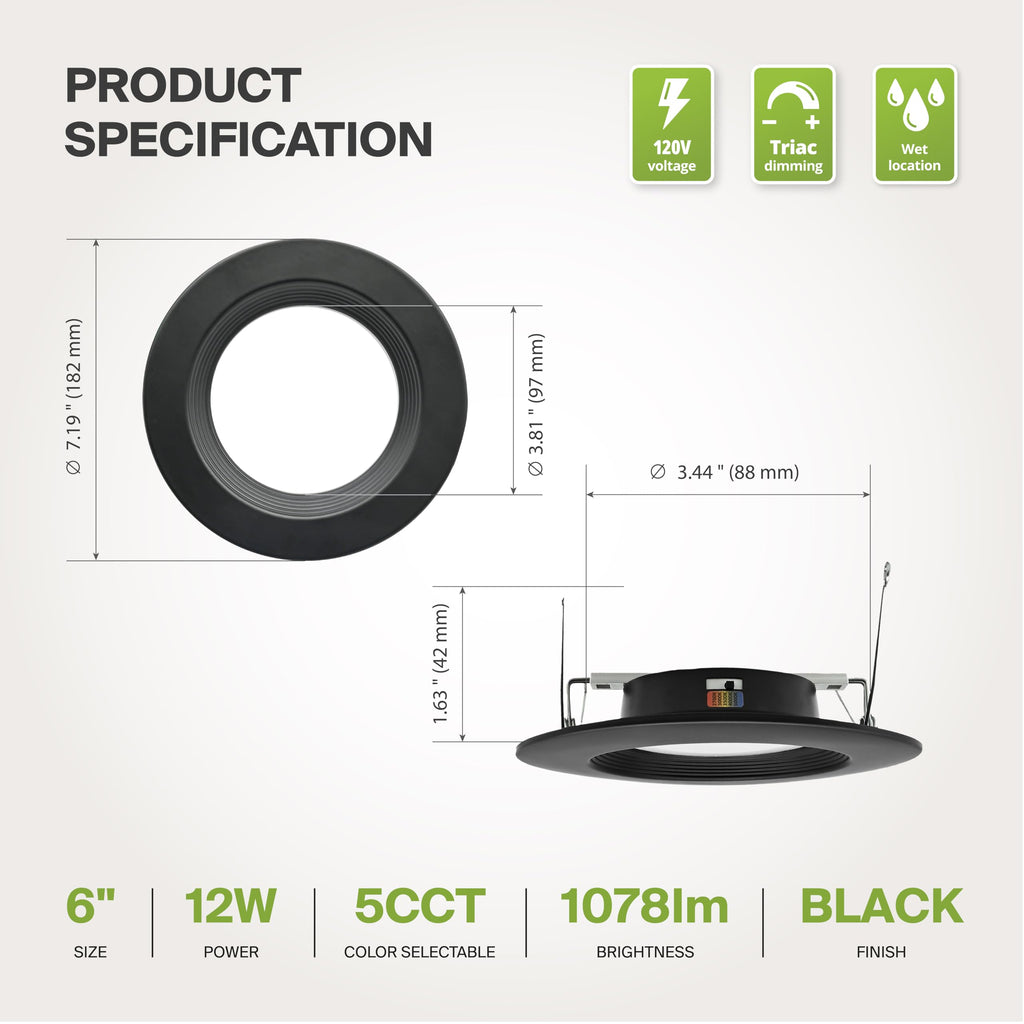 12 Pack Black Retrofit LED Recessed Lighting 6 Inch, 5CCT Wafer Lights