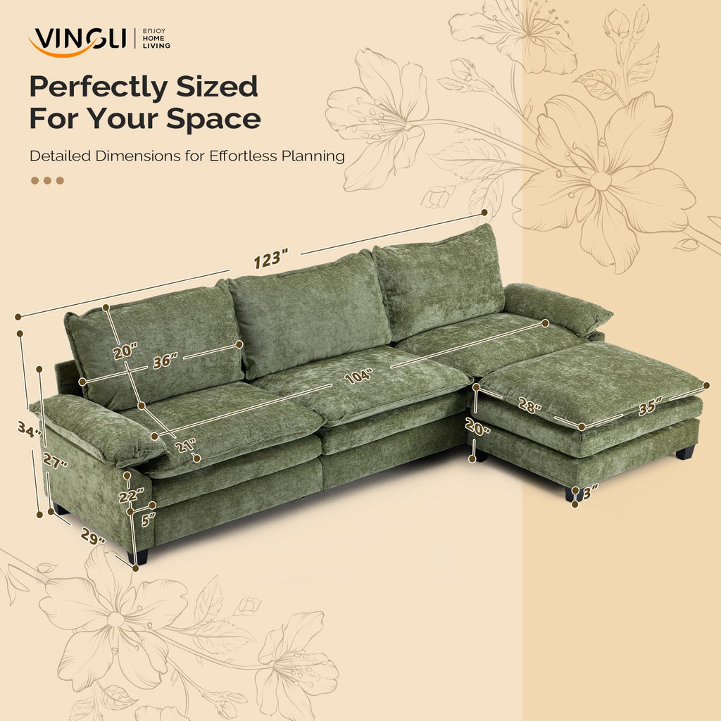 122" Cloud Double-Layer Deep Convertible Sectional Sofa, Comfy L-Shape 3-Seat Couches, Modern Couch with Movable
