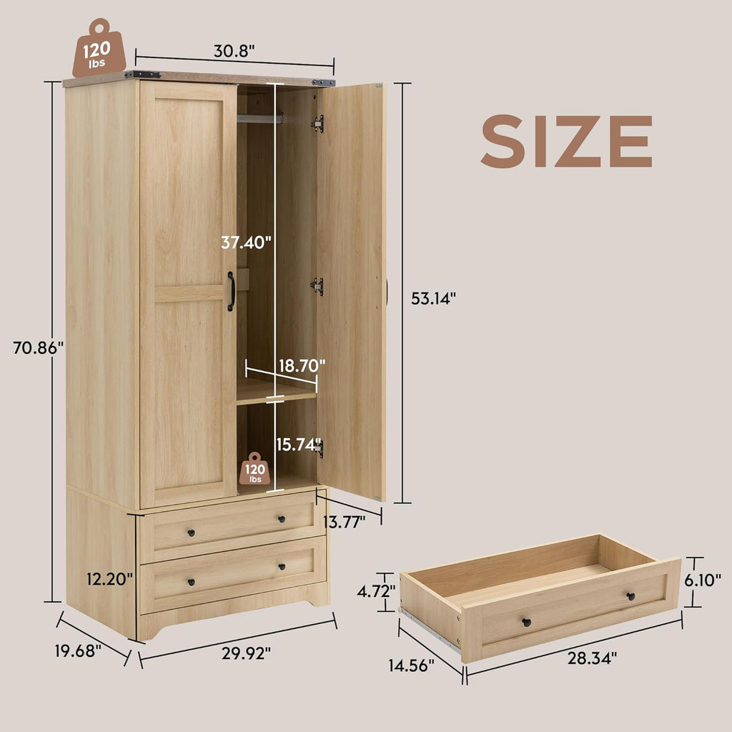 2 Doors Wooden Armoire Wardrobe Closet with 2 Drawers, Natural | 2 Modern Doors, Freestanding, with Drawers and