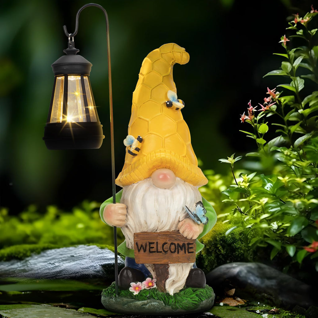 Solar Garden Gnome Statue with Lantern - Hand-Painted Resin Gnome Decor, IP44 Waterproof Outdoor Figurine for Yard