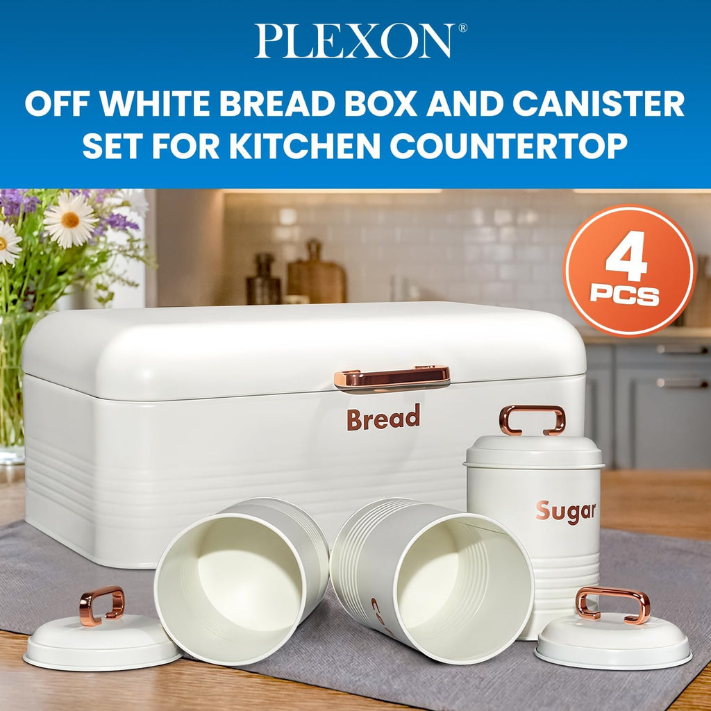 White Bread Box Countertop with Tea Coffee Sugar Containers Set - Metal Bread Storage Bin with Lid, Kitchen Canister - Set of 4
