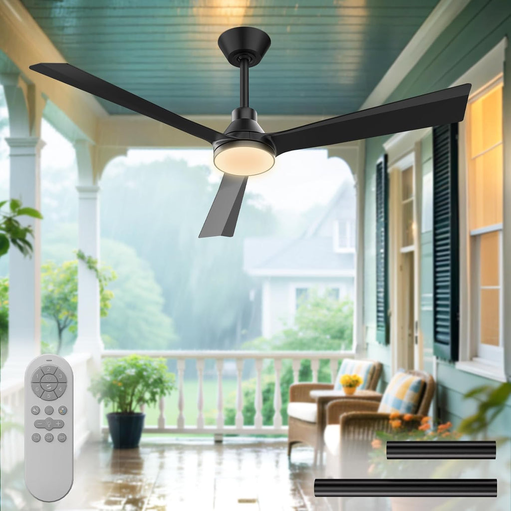52 Inch Ceiling Fans with Lights and Remote, ETL Quiet Reversible DC Full Copper Motor, 2 Downrods, 3 CCT Dimmable, 6 Speeds Outdoor Ceiling Fans for Patios Porch Bedroom Living Room Black A101-B0DFVZYT54