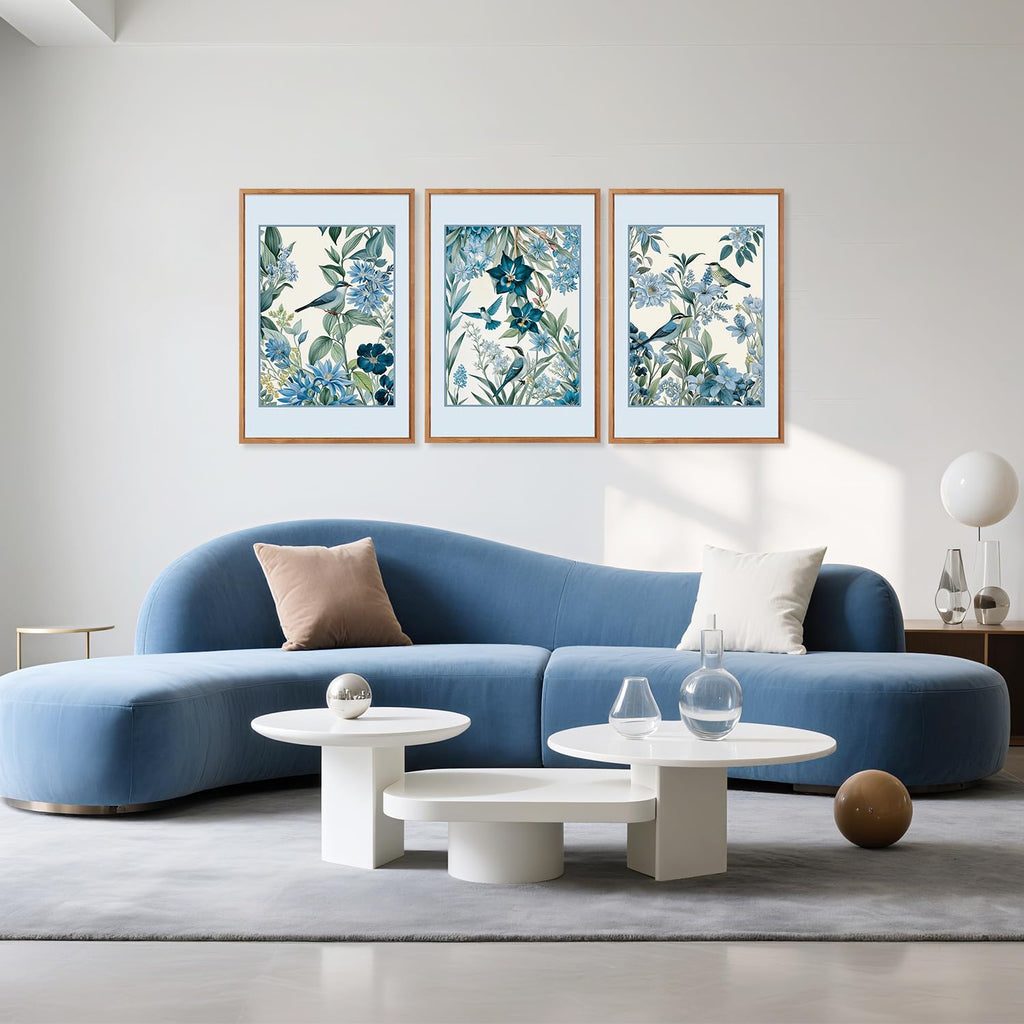 3 Pcs Blue Birds Flowers Framed Canvas Wall Art 24x36 Inch