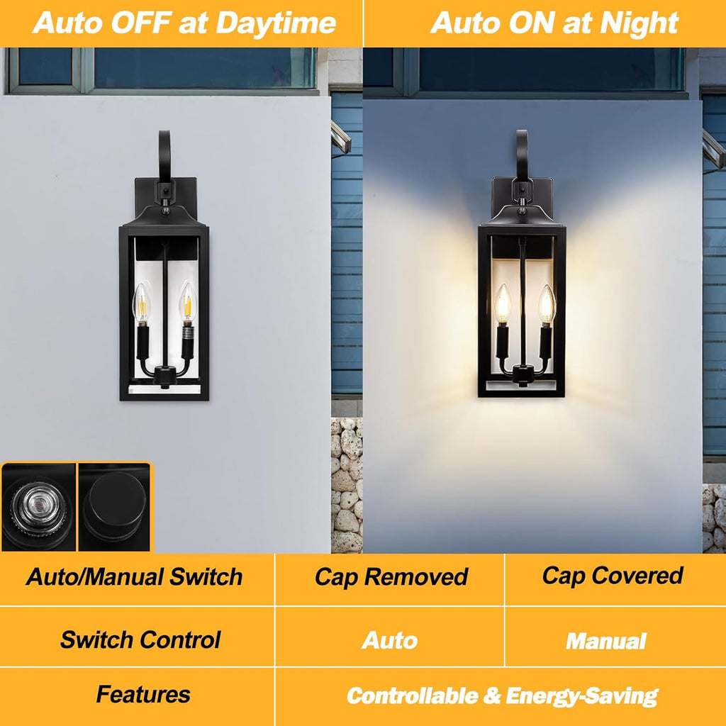 Black Dusk to Dawn Outdoor Wall Lantern 2-Light, 19" Large Outside Modern Porch Sconce Light Fixture