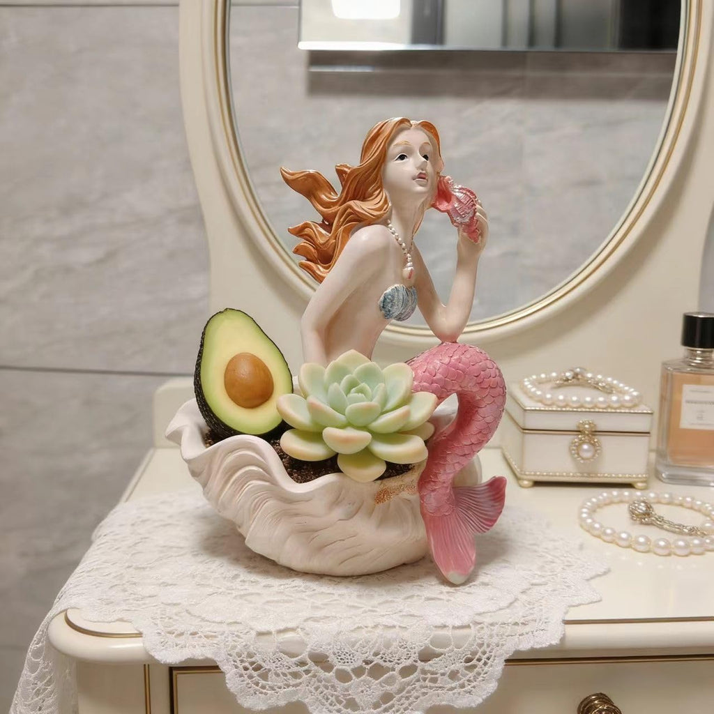 Mermaid Resin Planter Statue, Conch Base Succulent Flower Pot Garden Nautical Decor (Pink)