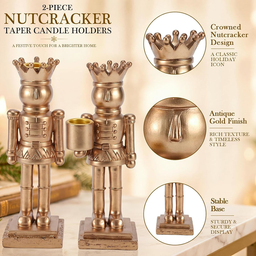 2 Pcs Gold Taper Candle Holders, Christmas Nutcracker King