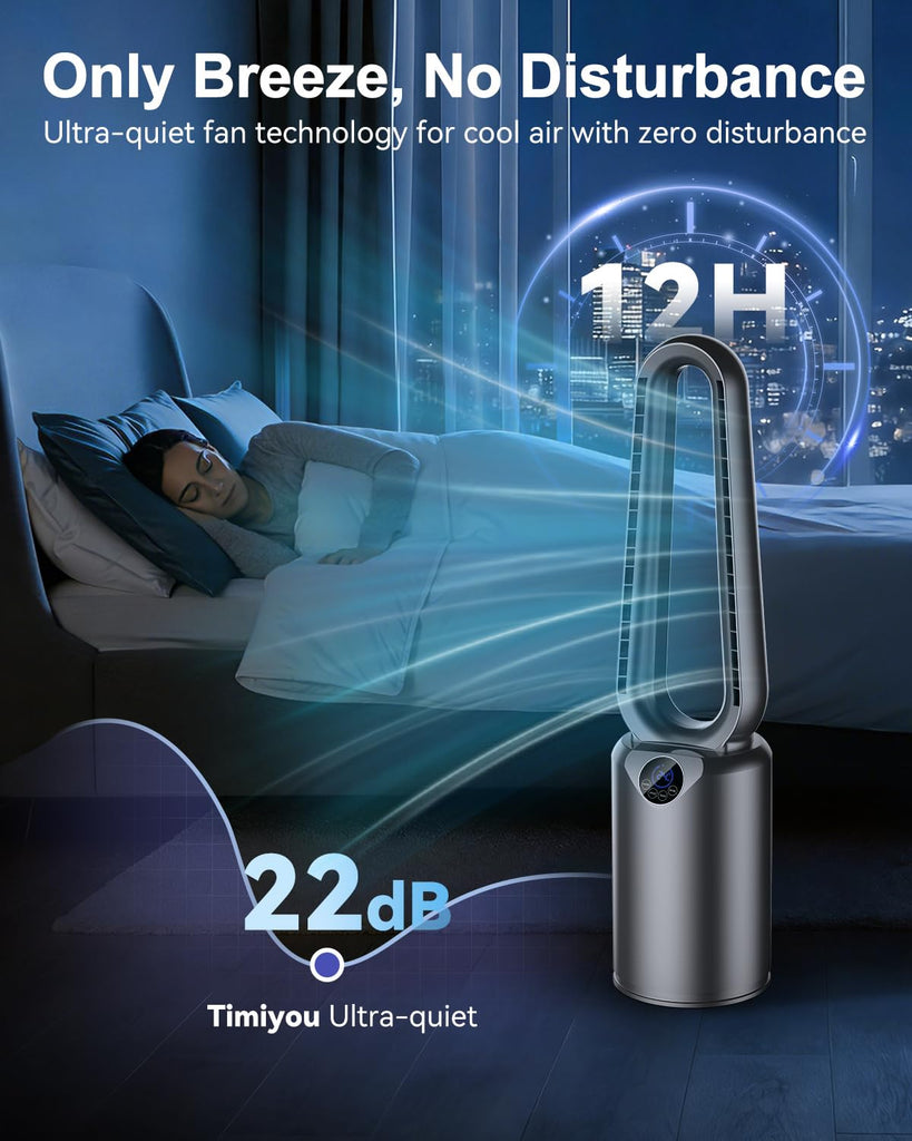 Bladeless Tower Fan with Powerful Airflow, Ultra-Quiet DC Motor (22 dB), 8 Speed Levels & 4 Modes, Remote Control