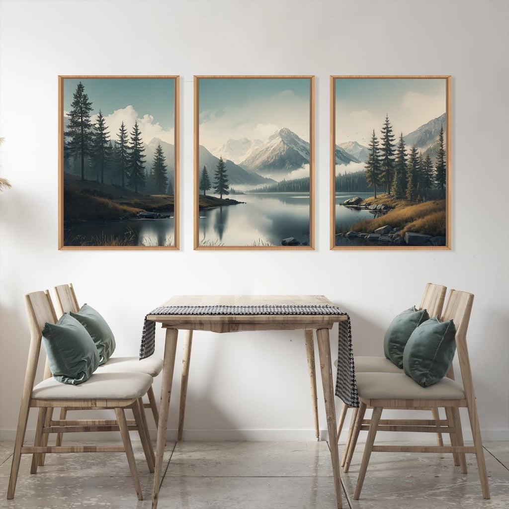 Large Mountain Misty Forest Framed Canvas Wall Art, Nature Ridge Foggy Wall Decor, Snow Lake Woodland Wall