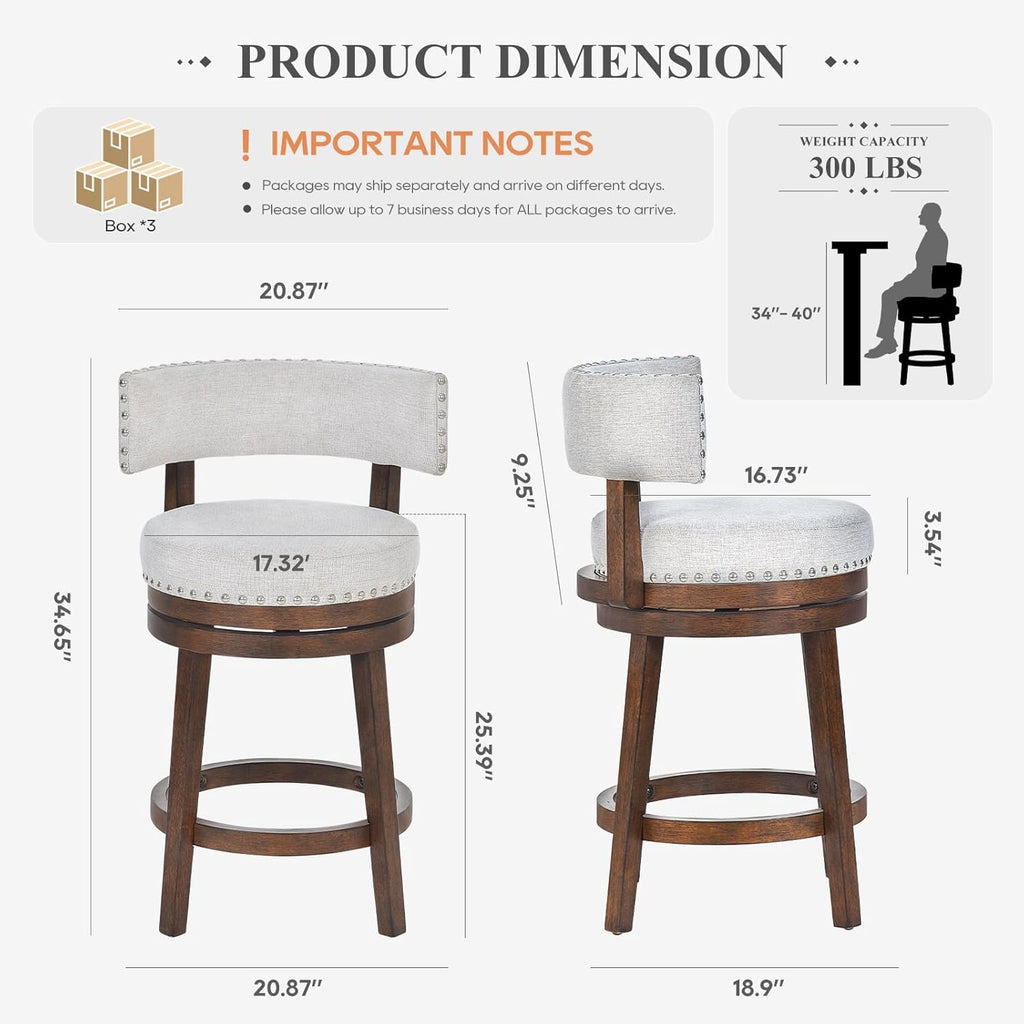 Swivel Counter Height Bar Stools Set of 3, 25 Inch Modern Upholstered Kitchen Island Barstools with Back, Wood Swivel