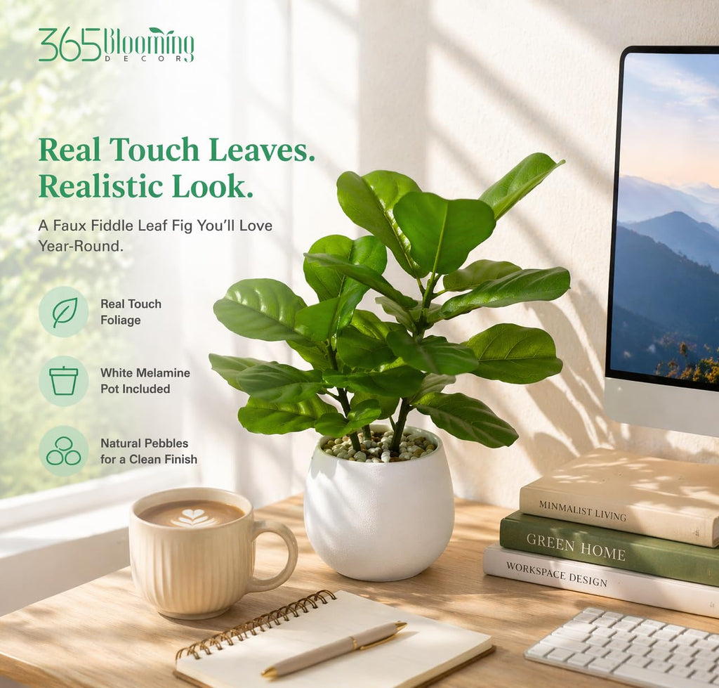 18" Artificial Fiddle Fig Plant in White Modern Pot, Real Touch Ficus Lyrata with Natural Pebbles, Faux Indoor