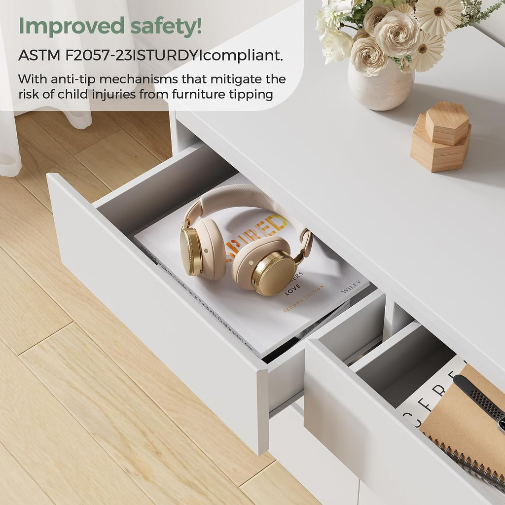 White 9 Drawer Dresser ,Modern Wood Dressers & Chest of Drawers with No-Handle Design, Long Dressers for Closet