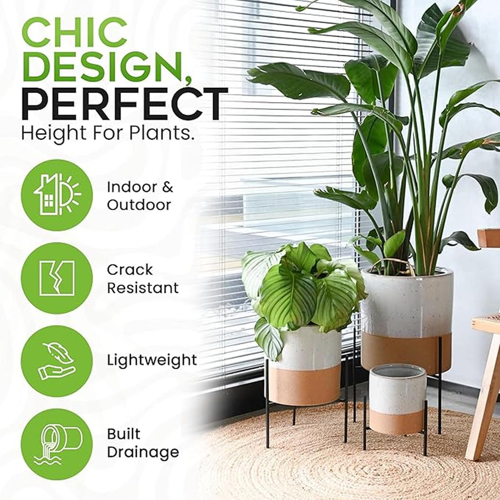 Mid-Century Modern Ceramic Planter with Plant Stand Indoor Decorative Plant Pot with Stand in Earthy Beige and White