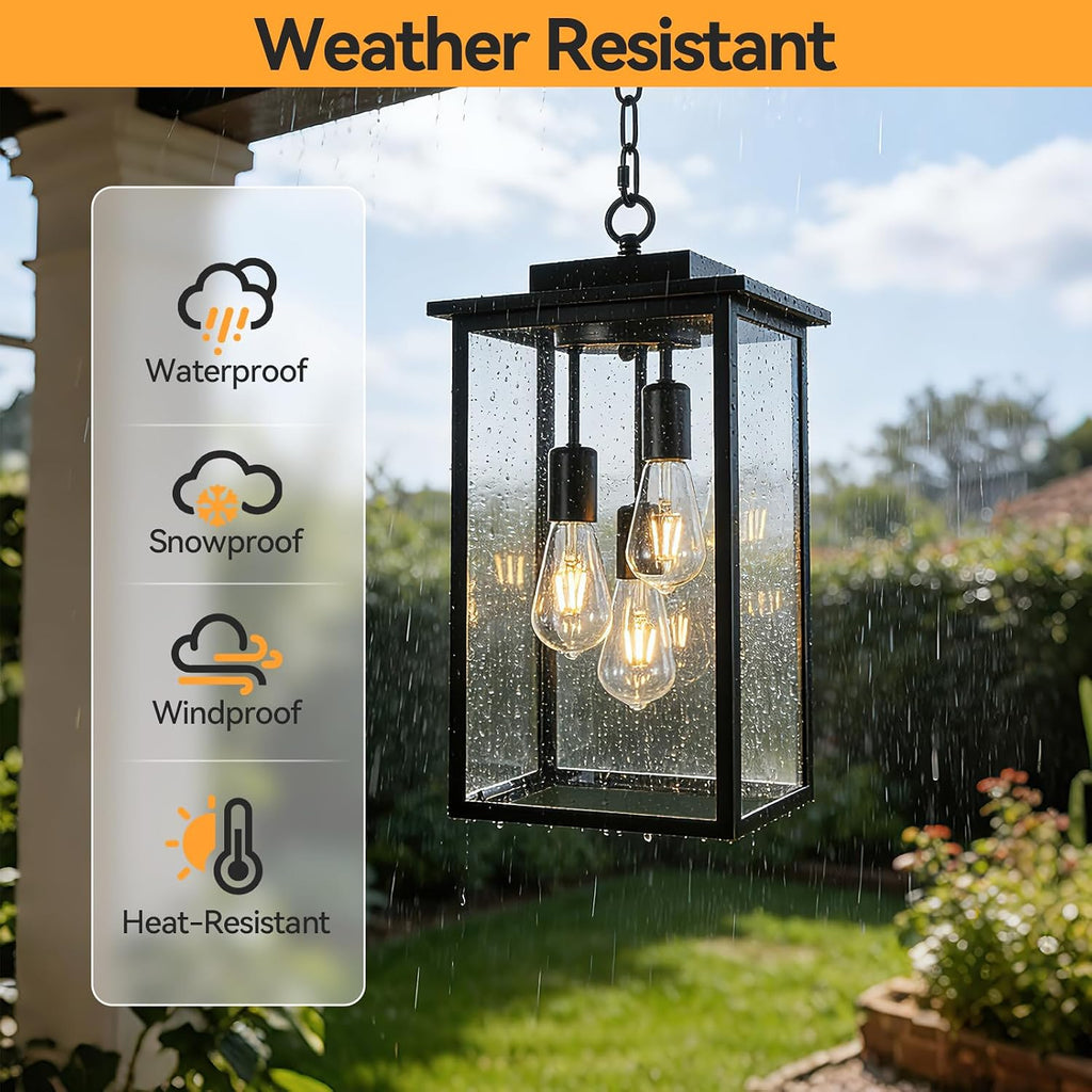 Outdoor Pendant Light Fixture E26 3-Light Modern Black Metal Outside Chandelier Exterior Hanging Fixture Ceiling