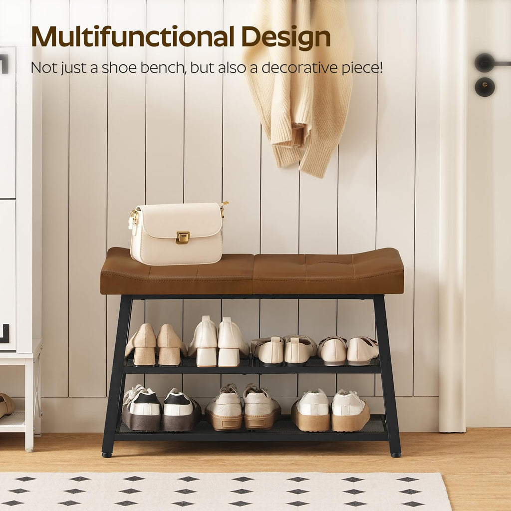 Shoe Bench, 3-Tier Shoe Rack, Entryway Bench with Storage and Cushion, Foyer, Bedroom, Brown and Black HX02BV