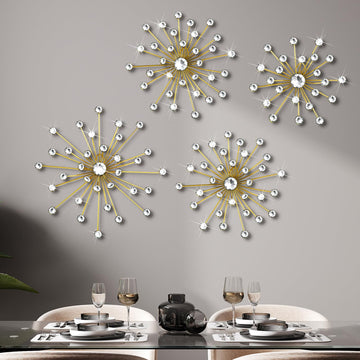 4 Pcs Gold Starburst Wall Decor Metal Crystal Wall Art Rhinestone