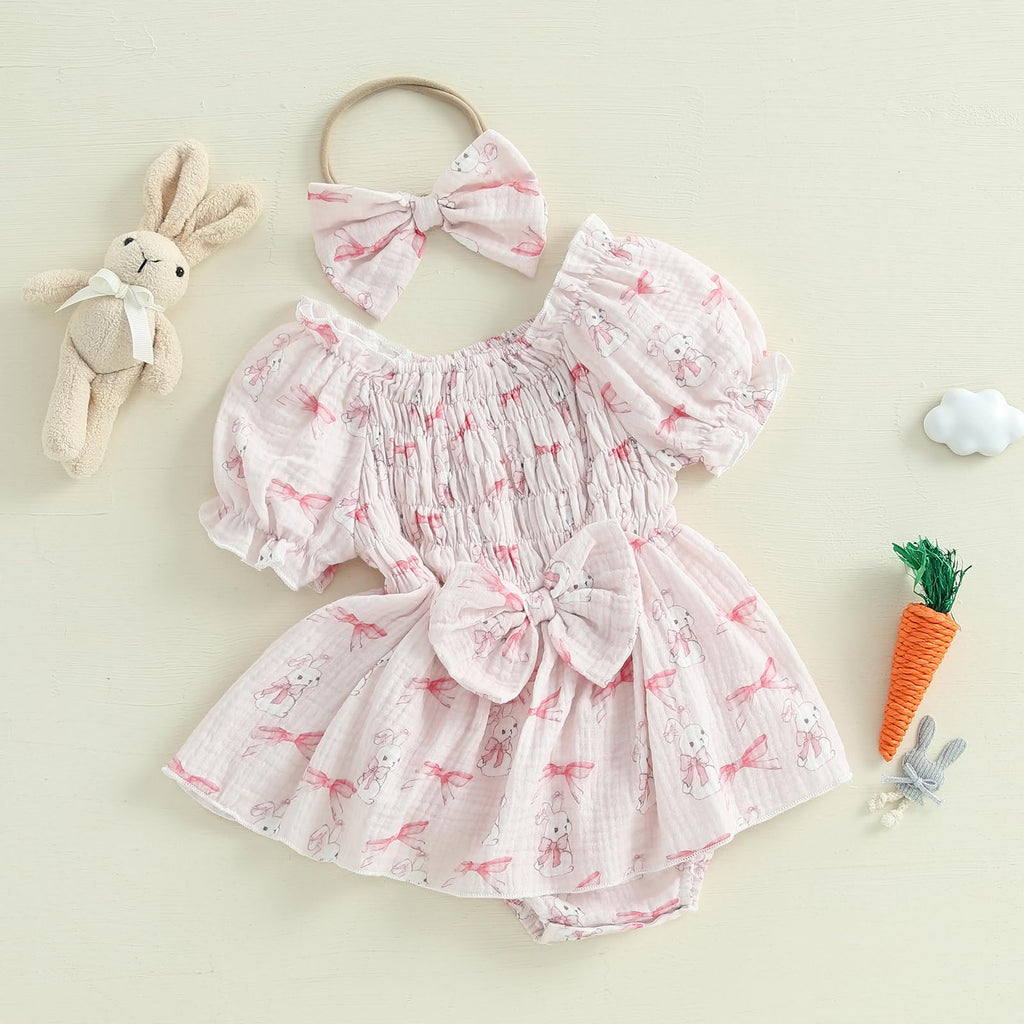 Newborn Baby Girl Easter Outfit Smocked Bunny/Carrot Romper Cotton Linen Bodysuit Headband Summer Clothes