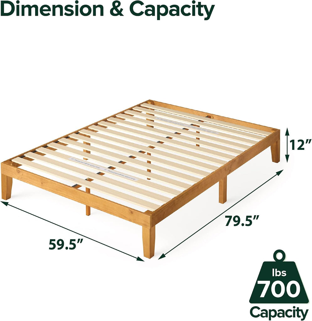 12 Inch Solid Wood Platform Bed / No Boxspring needed / Wood Slat Support / Rustic Pine Finish, Queen (OLB-PWPBO-12Q)
