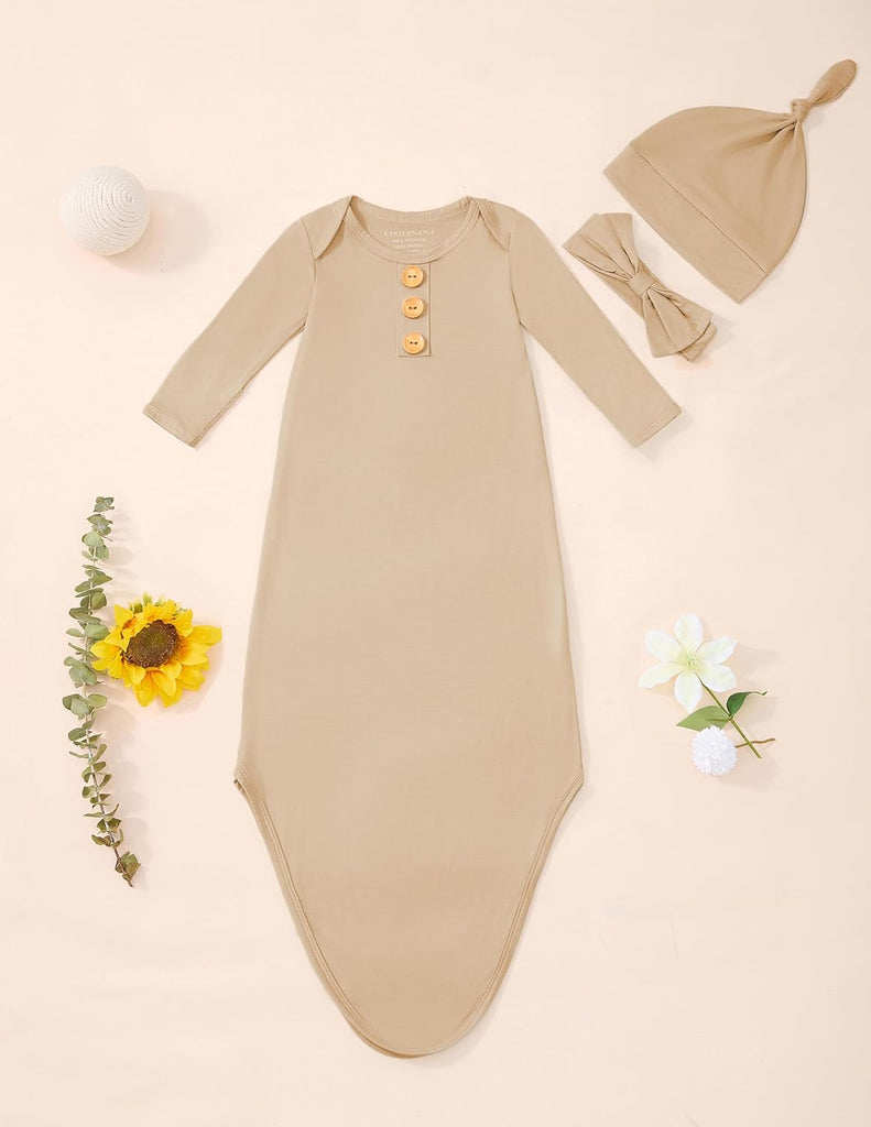 Newborn Knotted Gown, Soft Breathable Baby Sleep Gown with Hat & Headband