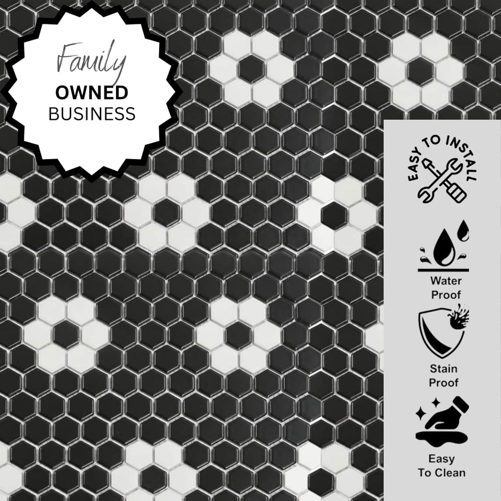 Classic Black & White Hexagon Flower Porcelain Mosaic Tile - 1x1 Floral Hex Pattern for Floor, Shower & Backsplash