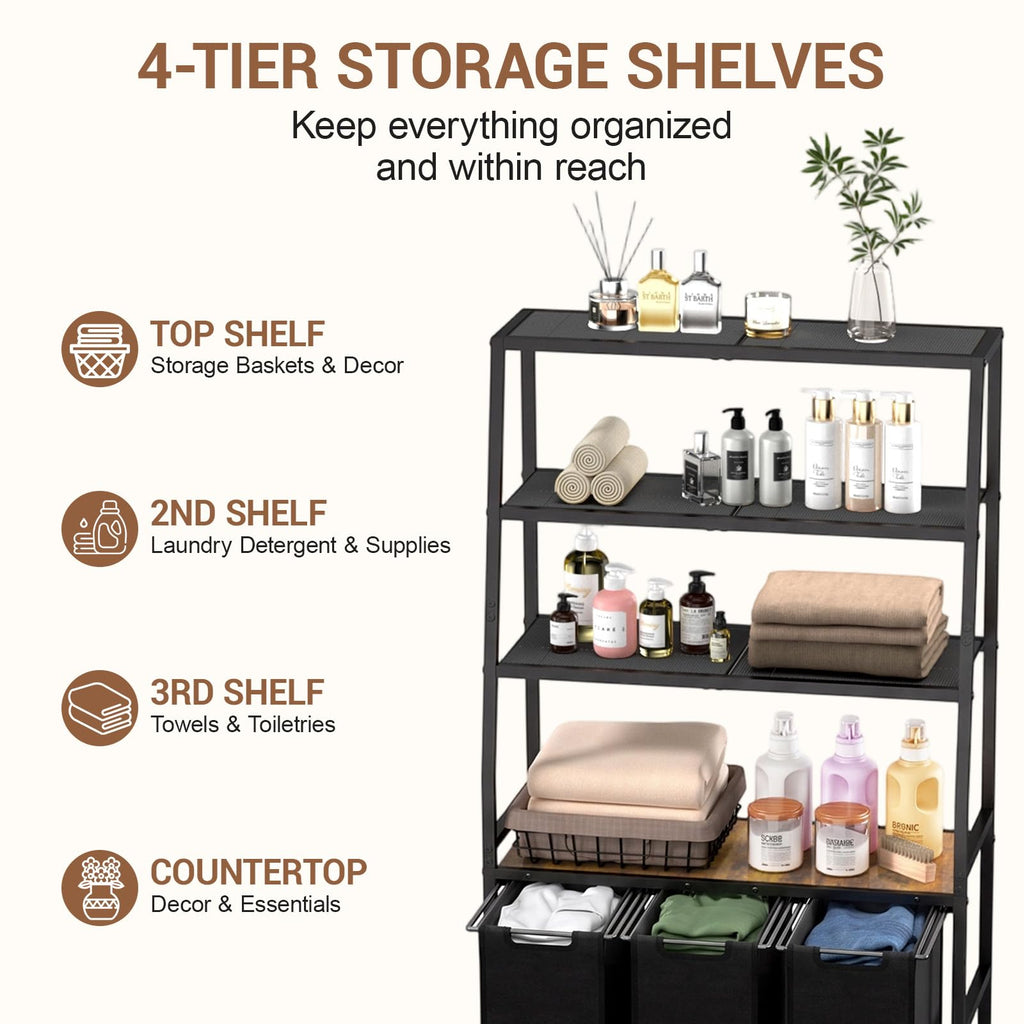 Hamper 3 Section, 4 Tier Laundry Basket Organizer