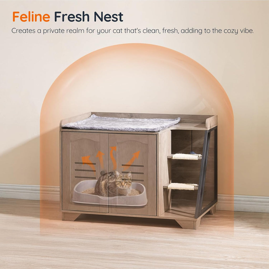 Cat Litter Box Enclosure with Ladder, Hidden Litter Box Furniture with Rechargeable 3-Color LED, Plush, Teaser Balls