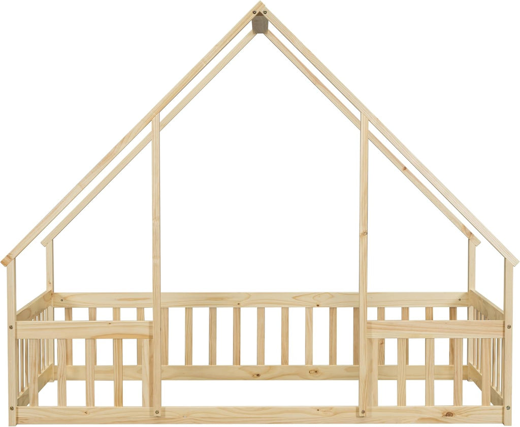 House-Shaped Floor Bed with Safety Guardrails, Natural