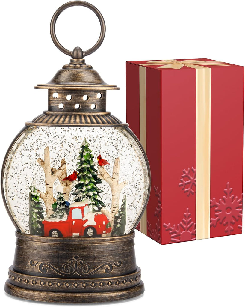 Red Truck Christmas Snow Globes, Light Up Musical Snow Globe Christmas Decorations, 6H Timer, USB/Battery Operated