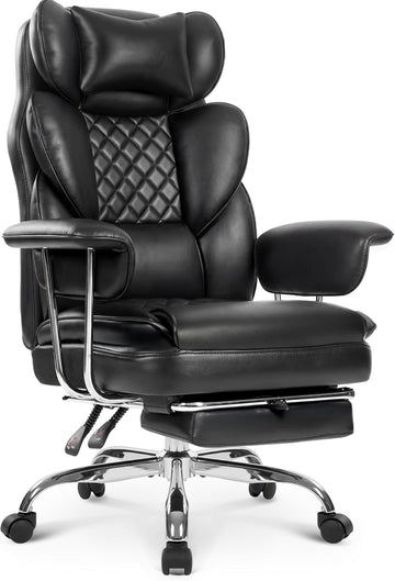Big & Tall Leather Office Chair, High Back, Lumbar Support, Black | Gaming Chair for Adults and Computer Use