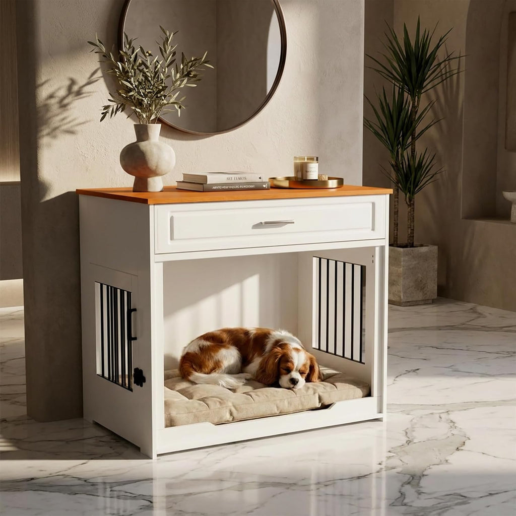 Wooden Flip-Up Door 360° Rotating Dog Bowl & Storage Drawer Furniture Style Dog Crate, White
