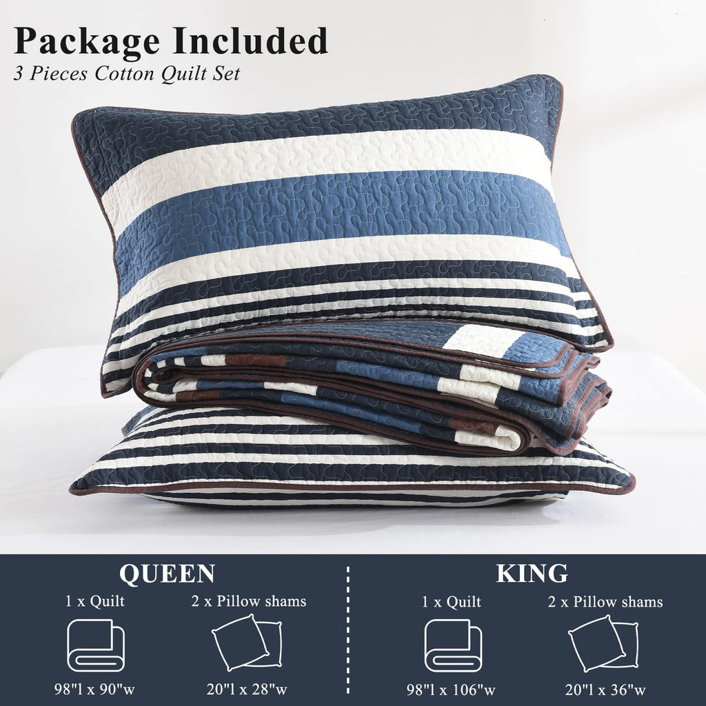 Quilts, Blue Brown/Cream Striped Design Quilt Set