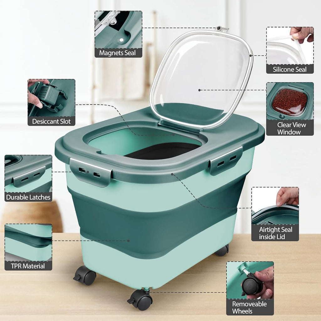 Dog Food Storage Container, 10-20Lbs Collapsible Pet Food Storage Containers with Rolling Wheel Airtight Locking Lid