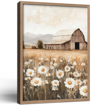 Framed Rustic Barn Daisy Canvas Wall Art Country Landscape Decor 24X16 Inch