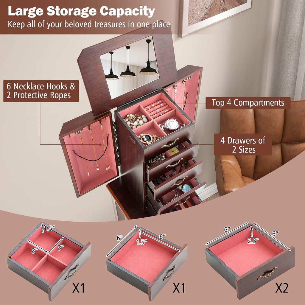 Wooden Jewelry Cabinet Armoire, 5-Tier Standing Jewelry Chest with Top Flip Makeup Mirror 4 Drawers 6 Necklace Hooks