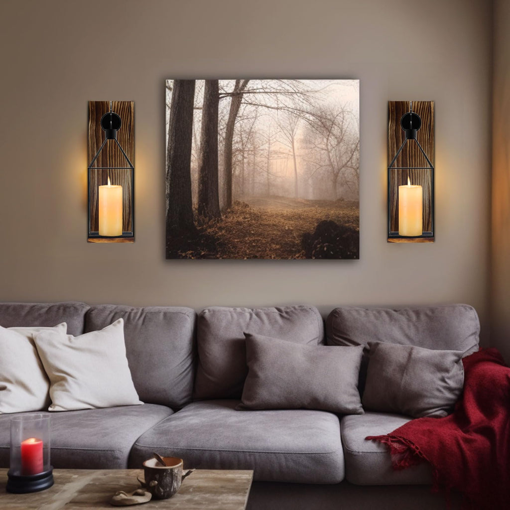 Wood Wall Candle Sconce with Black Lantern, Set of 2 Home Decor