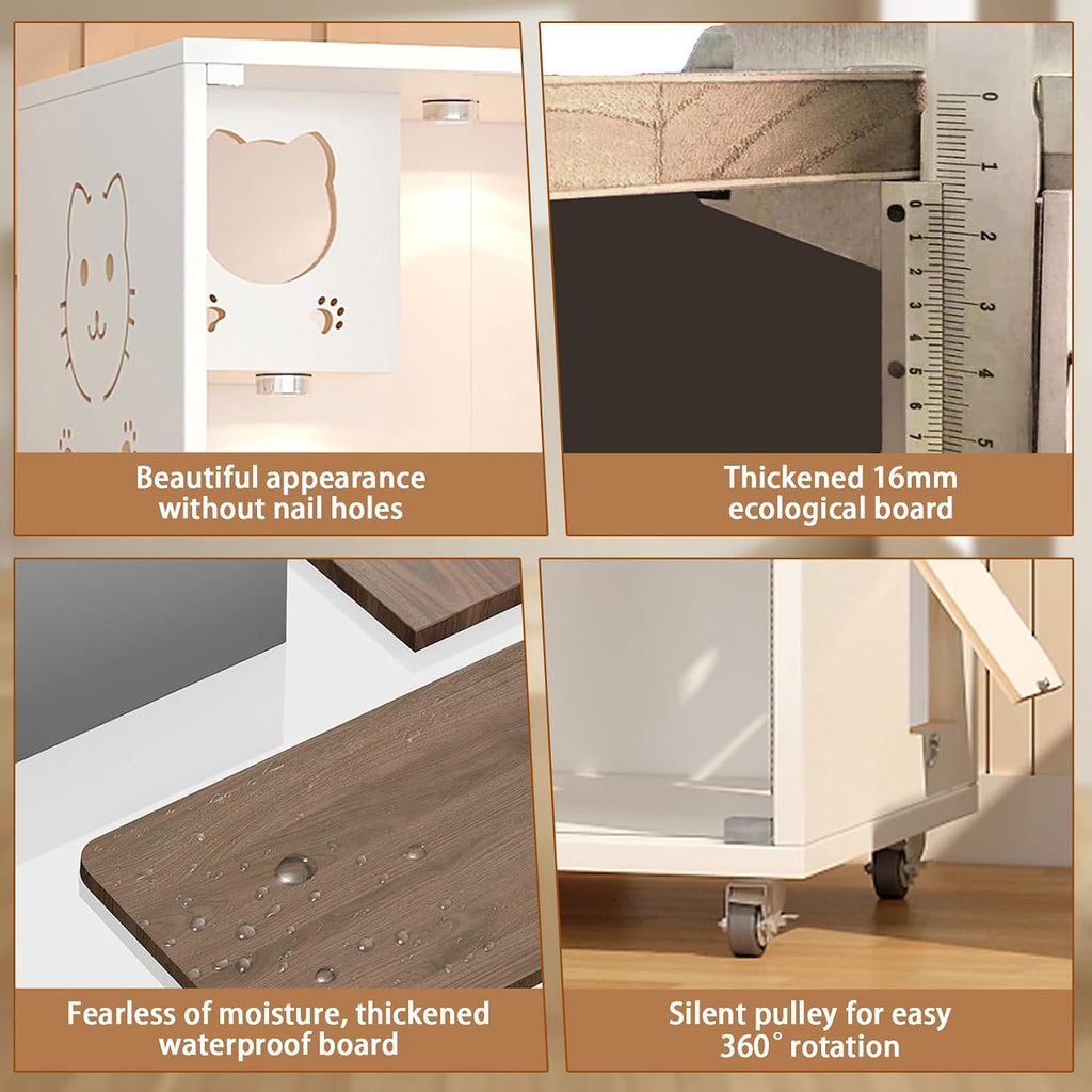 Large Wooden Cat House, Indoor Cat Condo Enclosed, Multi-Feature Luxury Cat Villa with Wheels Scratching Post, Wooden