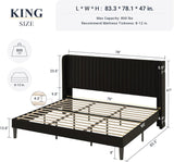 King Velvet Bed Frame/Vertical Channel Tufted Wingback Headboard/Upholstered Platform Bed/Strong Wooden Slats/No Box