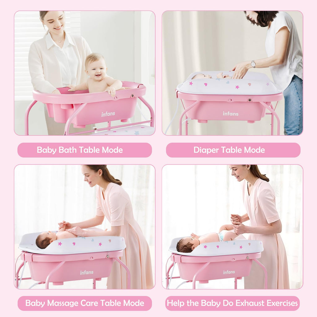 2 in 1 Baby Changing Table with Bath Tub Unit, Folding Diaper Dresser Station with Wheels Waterproof Pad Storage