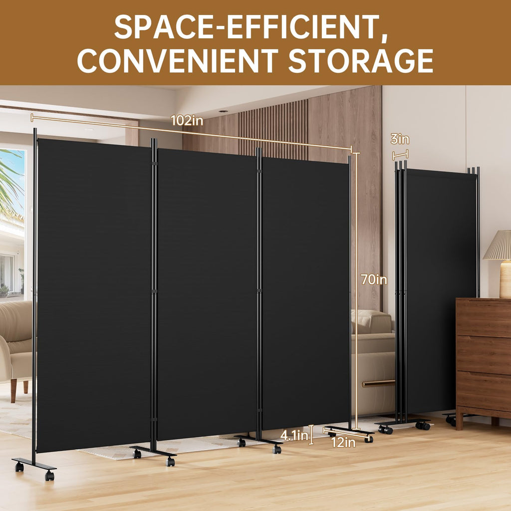 Room Divider 102'' Wide Folding Room Divider Panel with Wheel, Upgraded Base