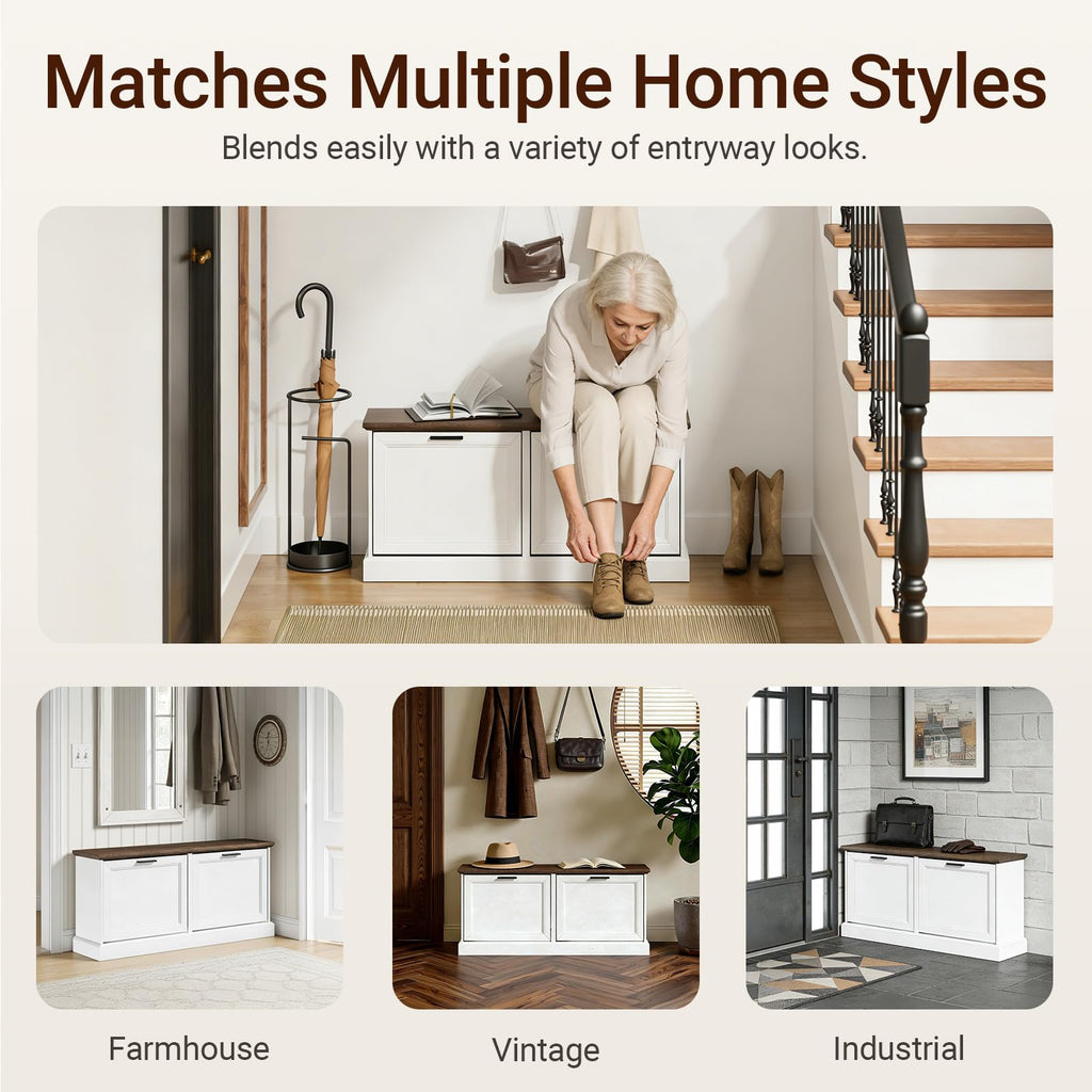 Narrow Shoe Bench with Flip Drawers