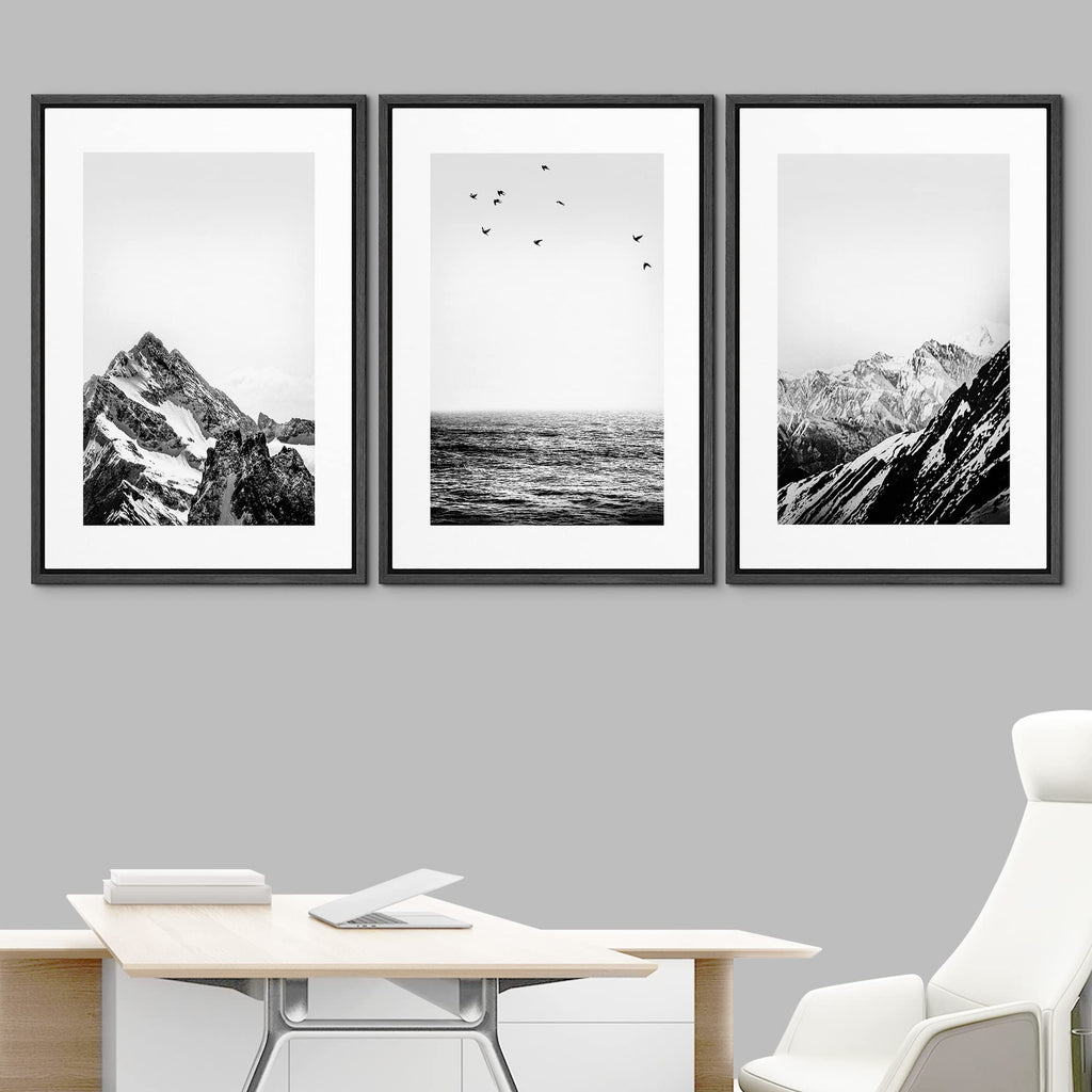 Framed Canvas Print Wall Art Set Black White Snowy Winter Mountain Landscape Nature Wilderness Photography Modern Art