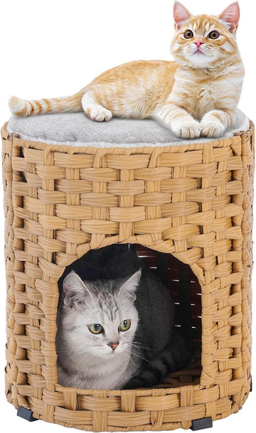 Cat House for Indoor Cat, Small Handwoven PE Rattan Kitten Cave