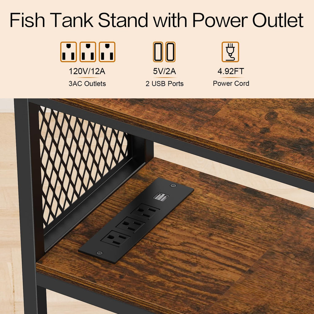 10 Gallon Fish Tank Stand with Power Outlets, Aquarium Stand with Storage, 3 Tier Heavy Metal Reptile Tank Stand Fish