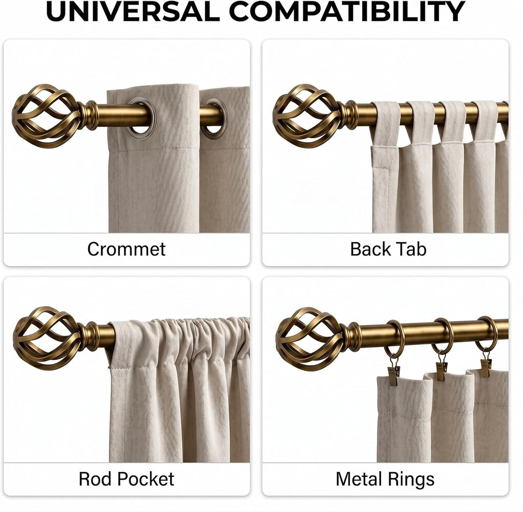 Brass Curtain Rods, 1 Inch Modern Drapery Rods, Adjustable Heavy Duty Curtain Rod, with Twisted Cage