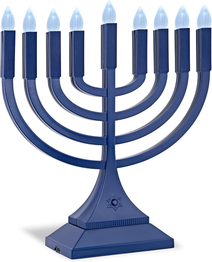 Zion Judaica 9" LED Hanukkah Blue Powered by Batteries or Included 3' USB C Cable Flameless Chanukkah Candles Holder