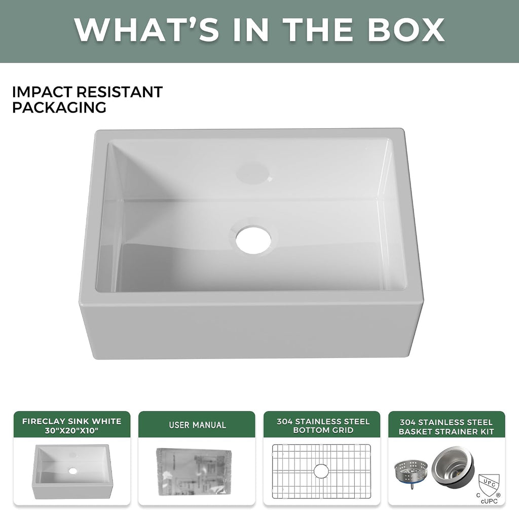 Self Trimming Farmhouse Sink 30 Inch, White Fireclay Kitchen Sink | Tall Apron Front 30"Wx20"Dx10"H , Heavy Duty,Farm