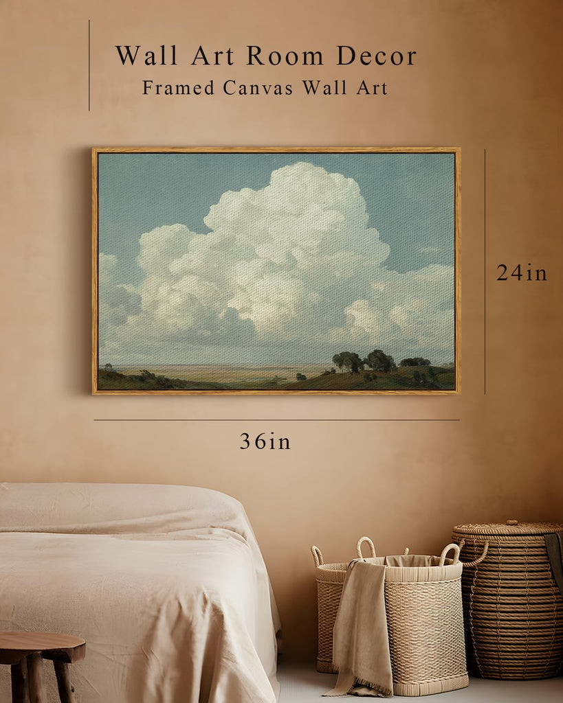 Large Vintage Framed Wall Art, Sky Cloud Canvas Painting, 24x36In