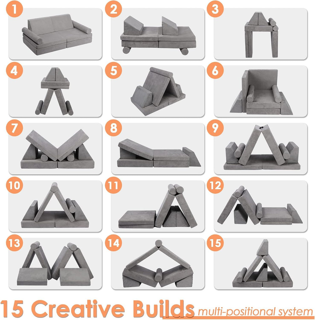 Modular Kids Play Couch, Kids Couch Building Fort for Playroom, Children Convertible Foam Cushion for Boys and Girls