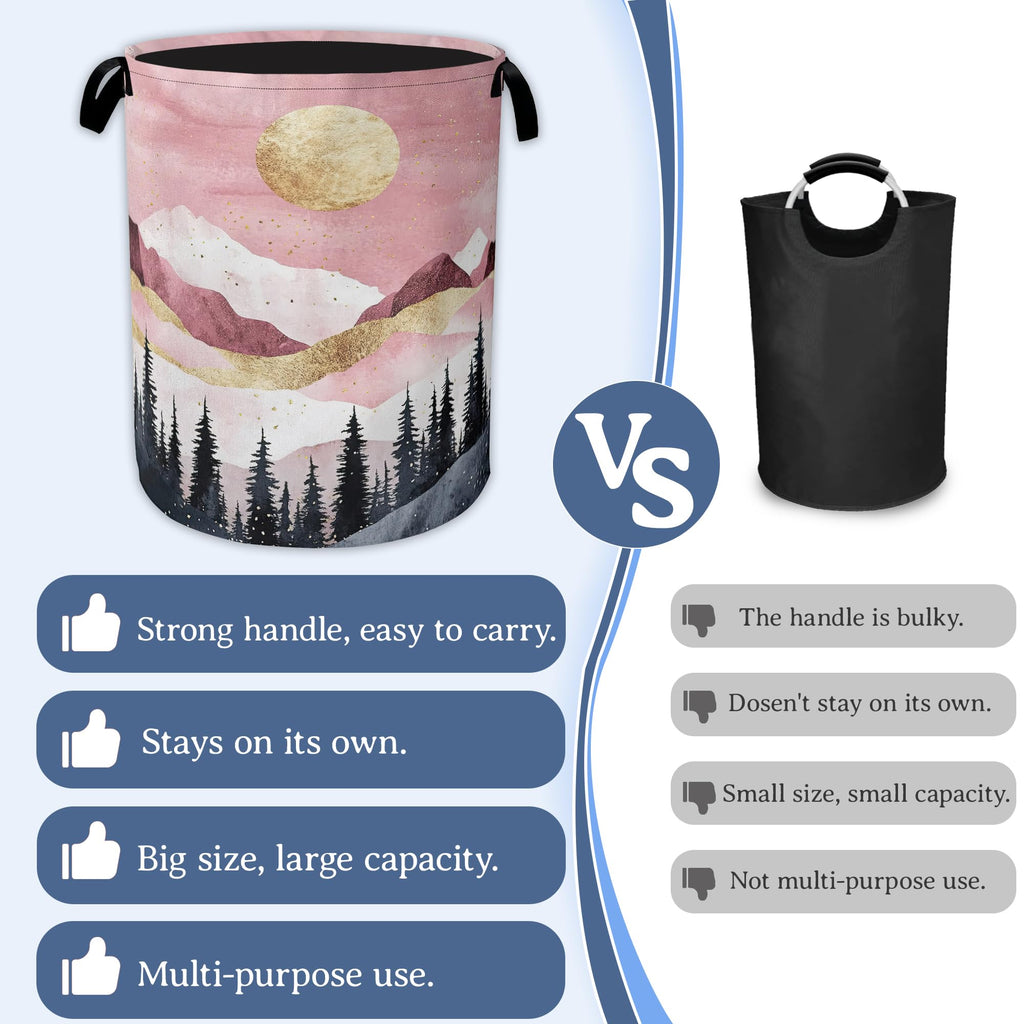 Mountains Laundry Basket,Foldable Oxford Cloth Sun Forest Golden Pink Laundry Hamper with Handles, 20.8"x16" Tote Bag