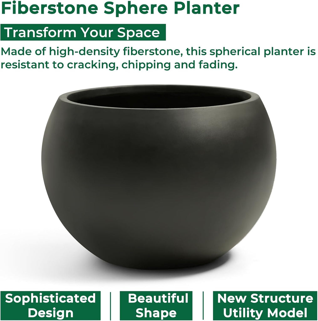 19.3" Dia-13 H Fiberstone Sphere Planter, Black Round Flower Pot | Large Concrete Planters for Indoor Outdoor, 15"