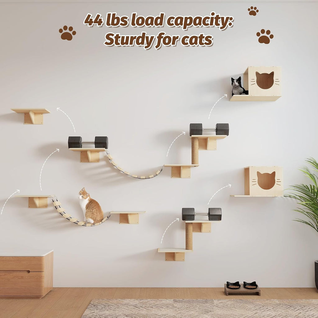 Cat Wall Shelves, Wood 8-in-1 Cat Wall Furniture Set, Large Cat Shelves for Wall with Scratching Post, Cat Climbing